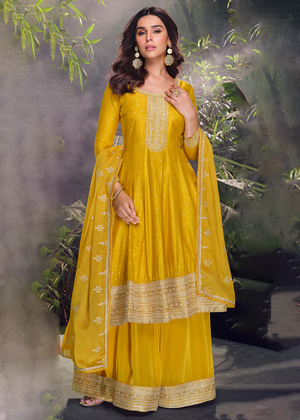 Yellow Viscose Jacquard Silk Wedding Festive Palazzo Suit - Image 5