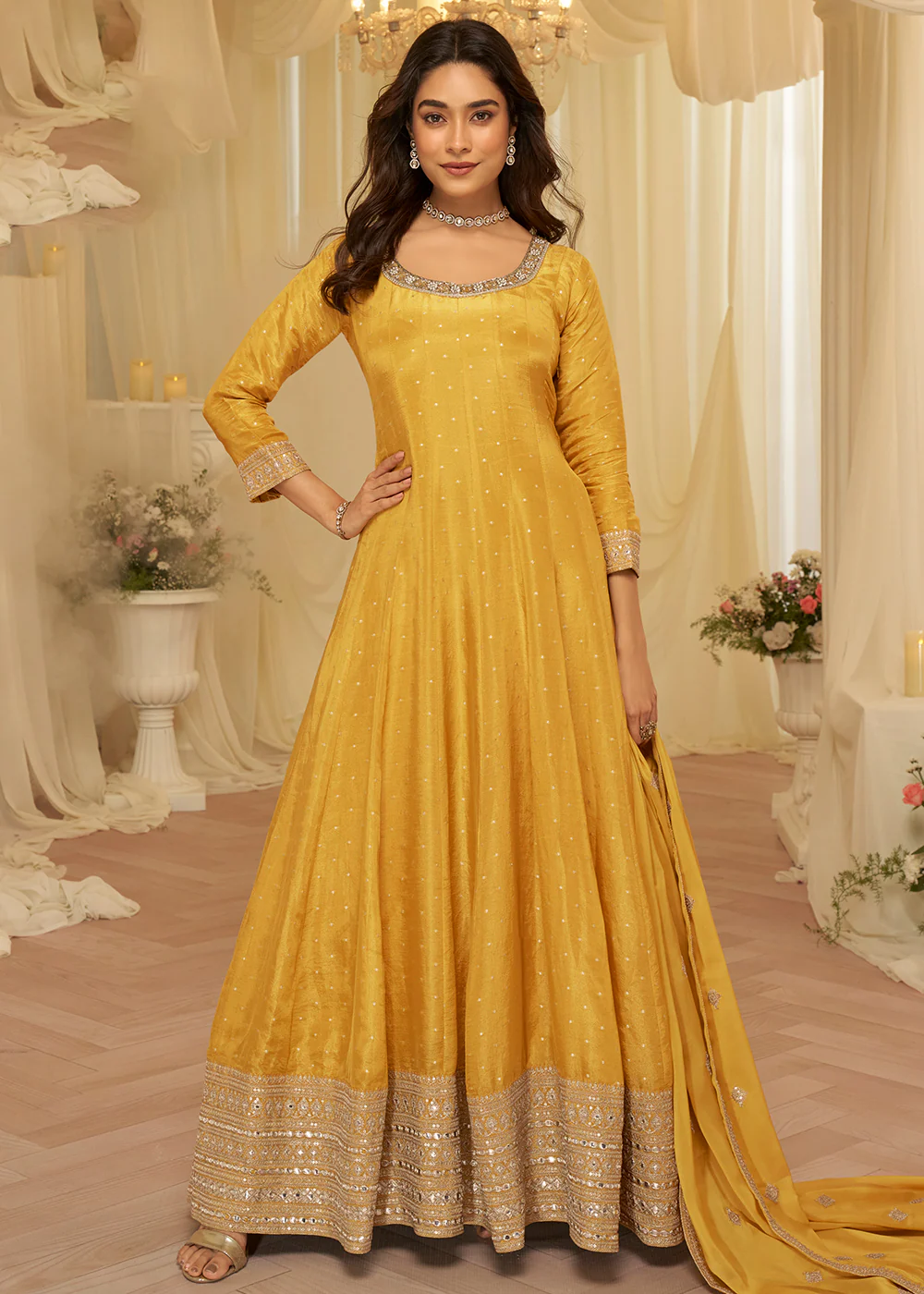 Yellow Viscose Jacquard Silk With Embroidery Work Anarkali Suit