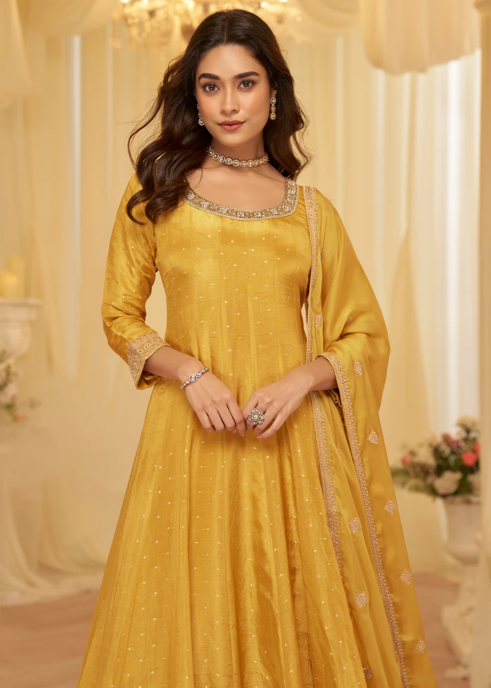 Yellow Viscose Jacquard Silk With Embroidery Work Anarkali Suit - Image 2