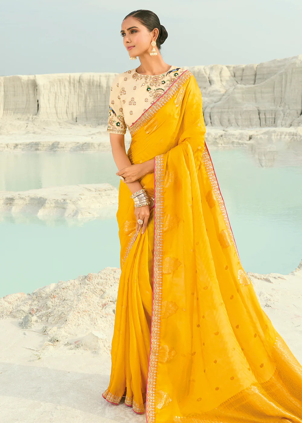 Yellow Viscose Organza Traditional Embroidered Saree