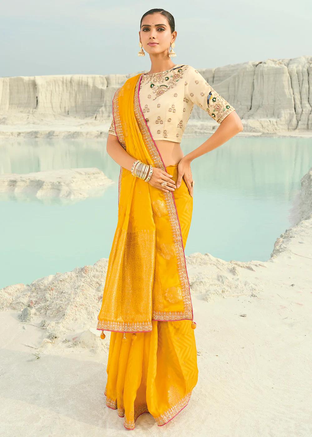 Yellow Viscose Organza Traditional Embroidered Saree - Image 3