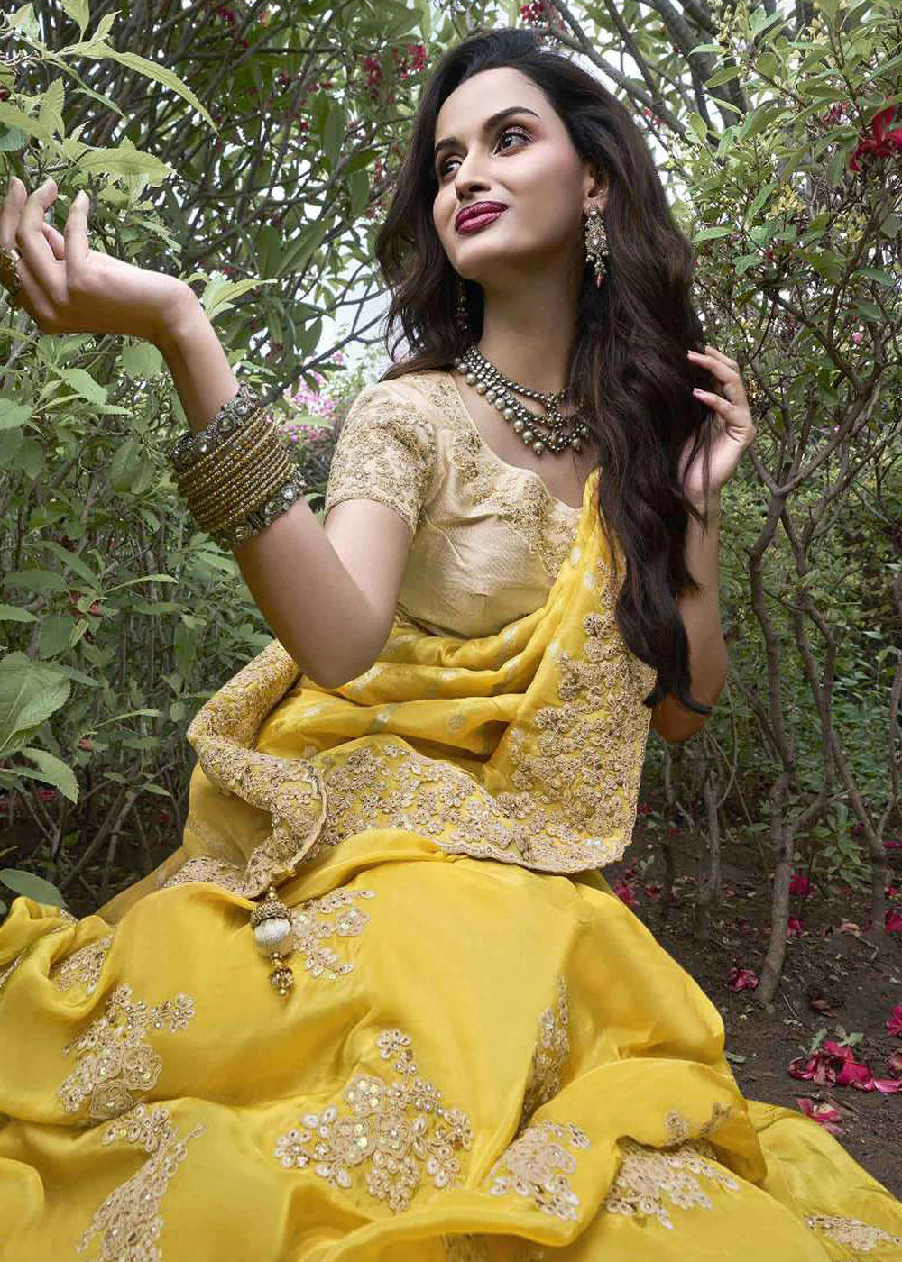 Yellow Viscose Silk Embroidered Designer Wedding Saree - Image 2