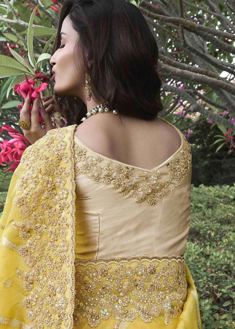 Yellow Viscose Silk Embroidered Designer Wedding Saree - Image 3