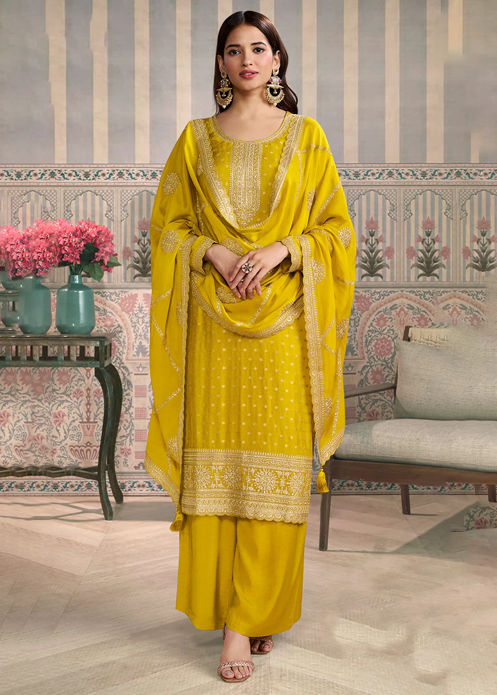 Yellow Viscose Silk Embroidered Salwar Suit