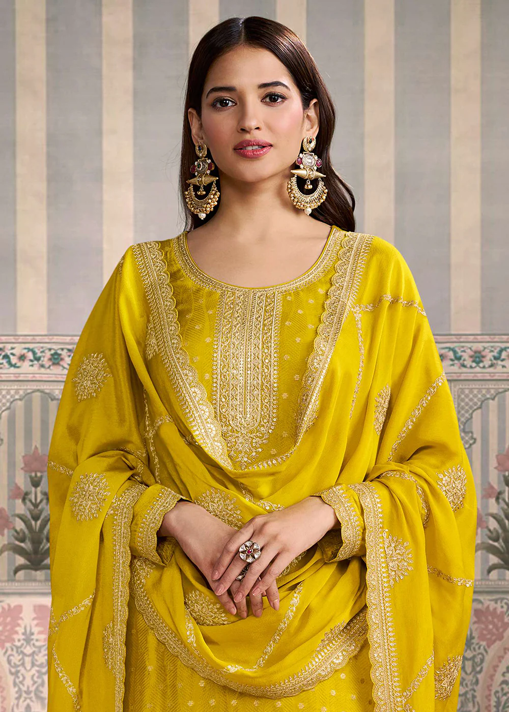 Yellow Viscose Silk Embroidered Salwar Suit - Image 2