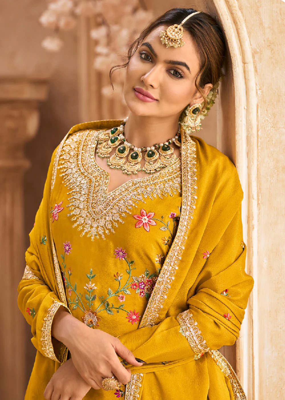 Yellow Wedding Festive Embroidered Palazzo Suit - Image 2