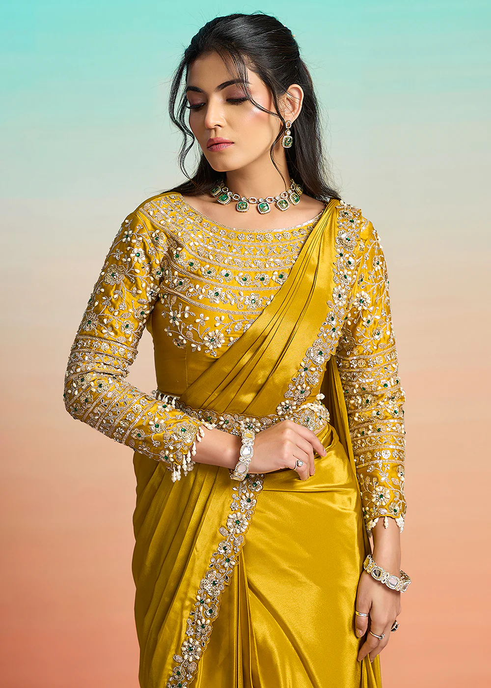 Yellow Wedding Party Ready to Wear Saree - Image 2