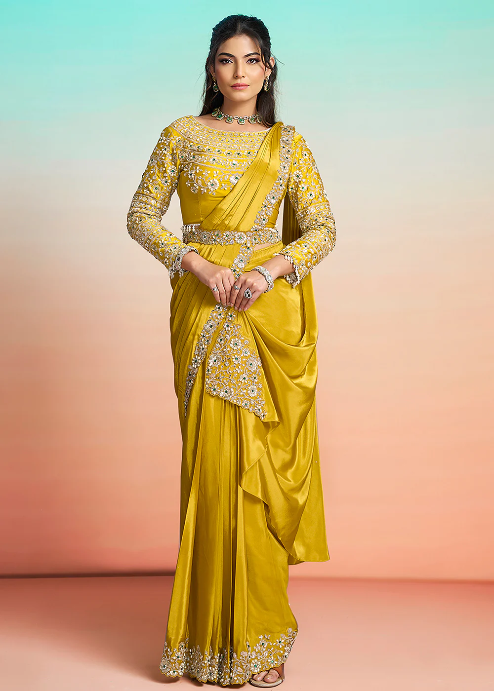 Yellow Wedding Party Ready to Wear Saree - Image 3