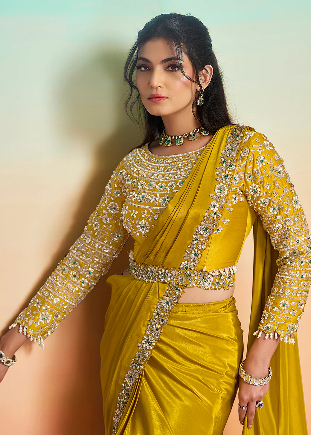 Yellow Wedding Party Ready to Wear Saree - Image 4