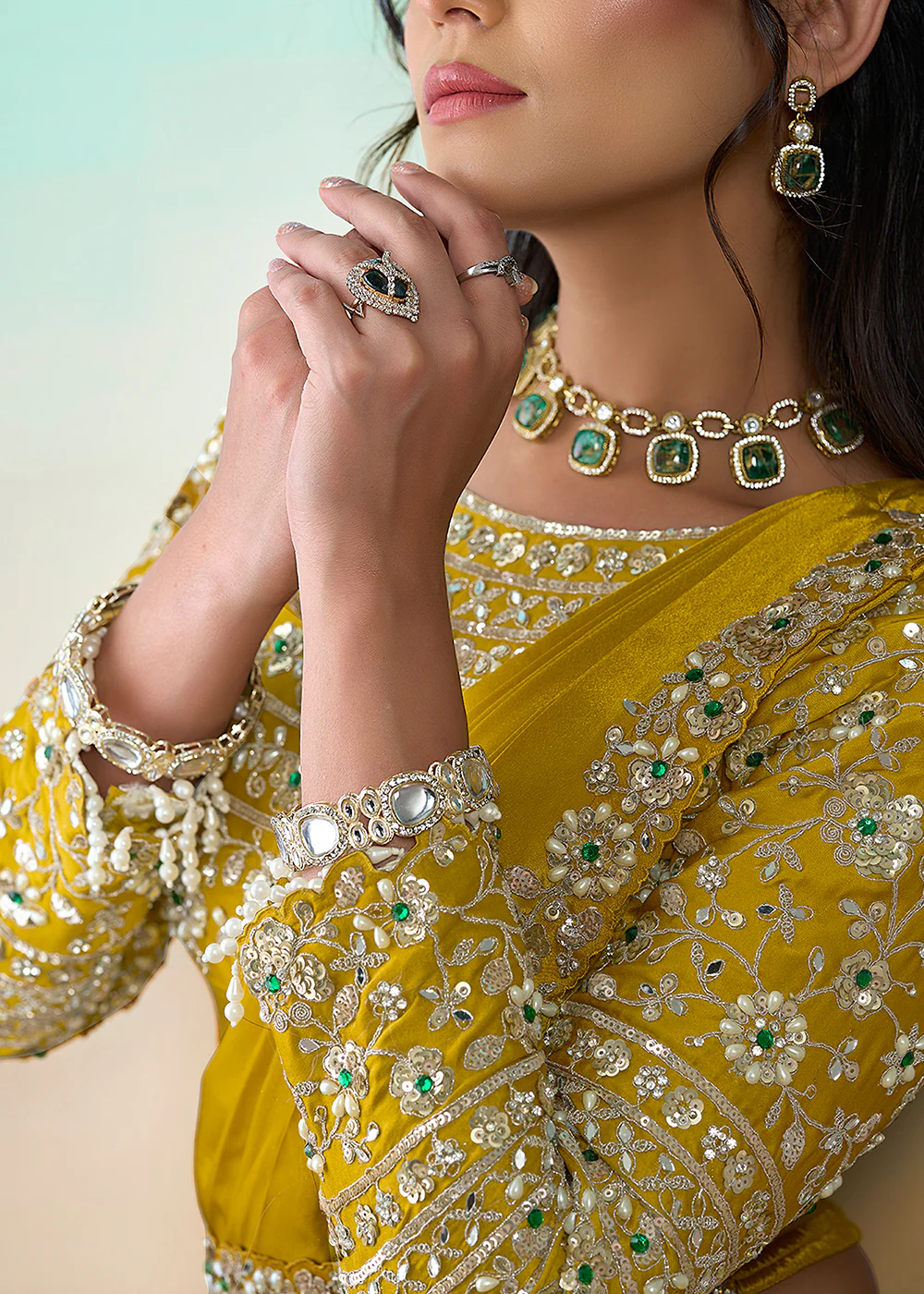 Yellow Wedding Party Ready to Wear Saree - Image 5