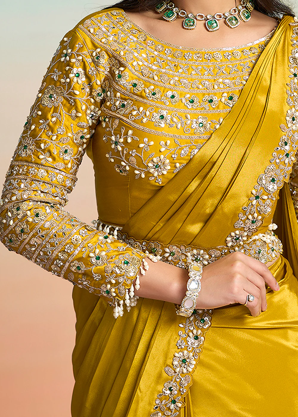 Yellow Wedding Party Ready to Wear Saree - Image 6