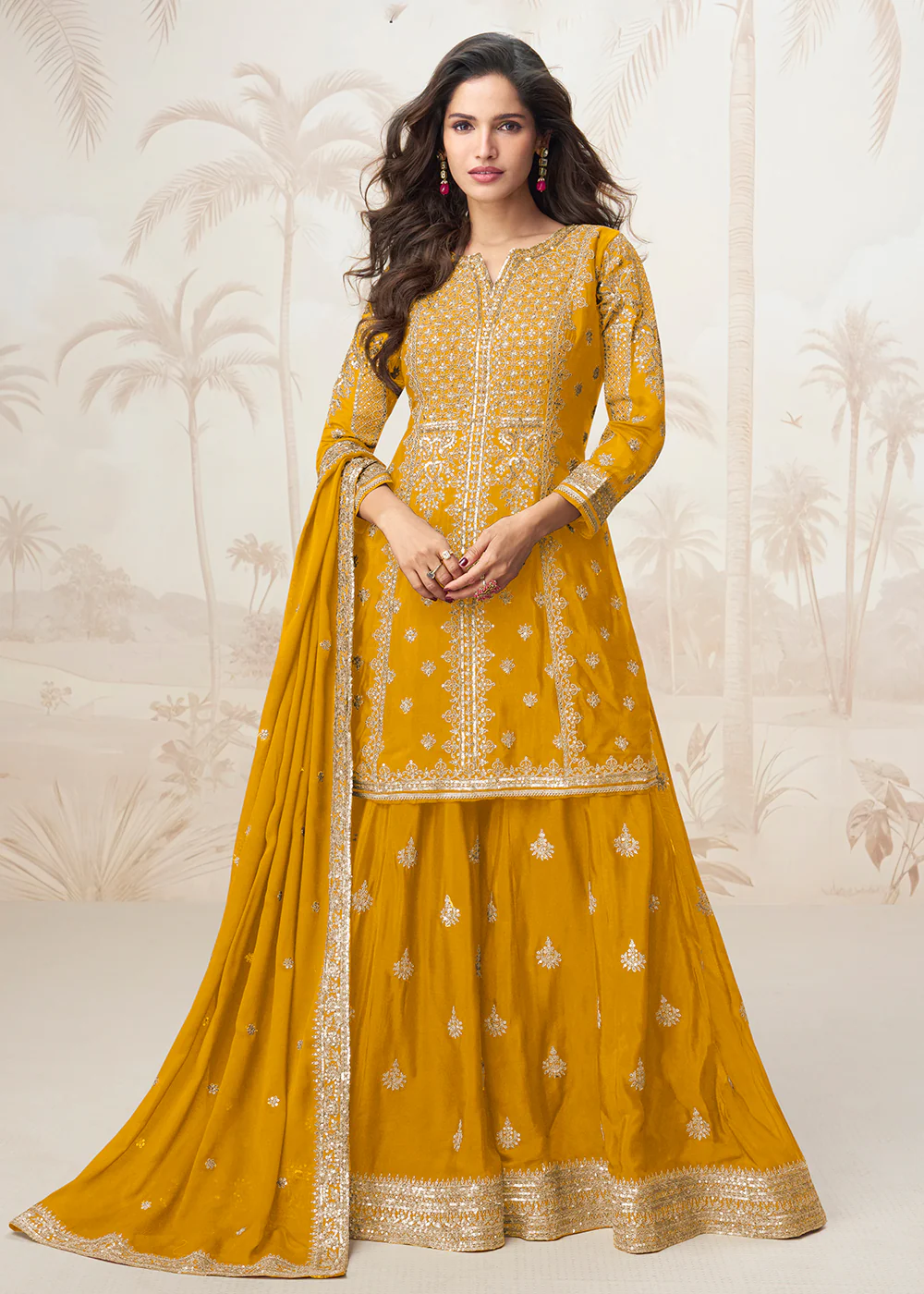 Yellow Zari & Sequins Work Wedding Party Palazzo Suit