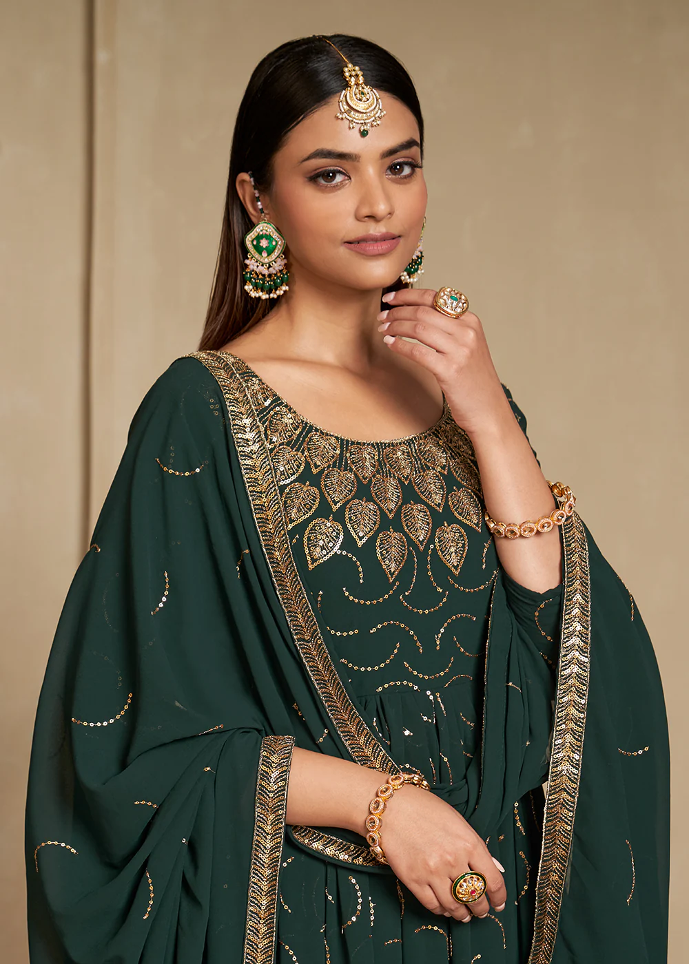 Zari & Sequins Embroidered Bottle Green Anarkali Suit - Image 2