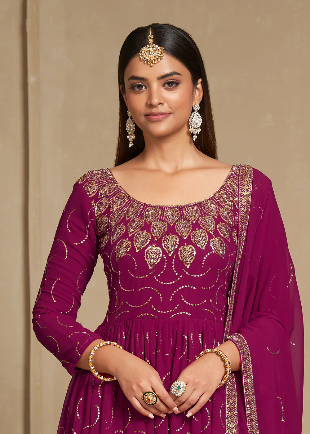 Zari & Sequins Embroidered Cherry Pink Anarkali Suit - Image 2