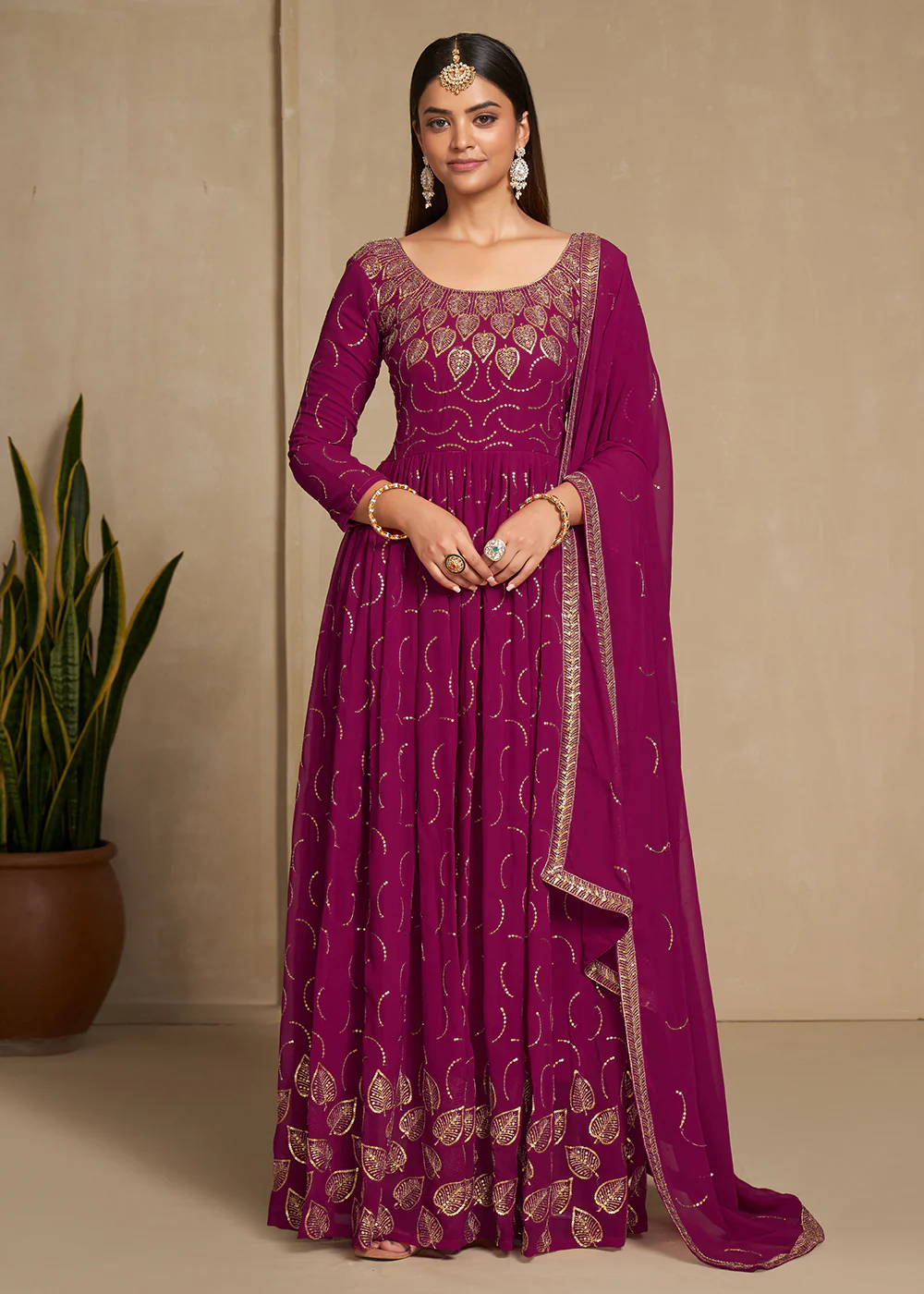 Zari & Sequins Embroidered Cherry Pink Anarkali Suit - Image 3