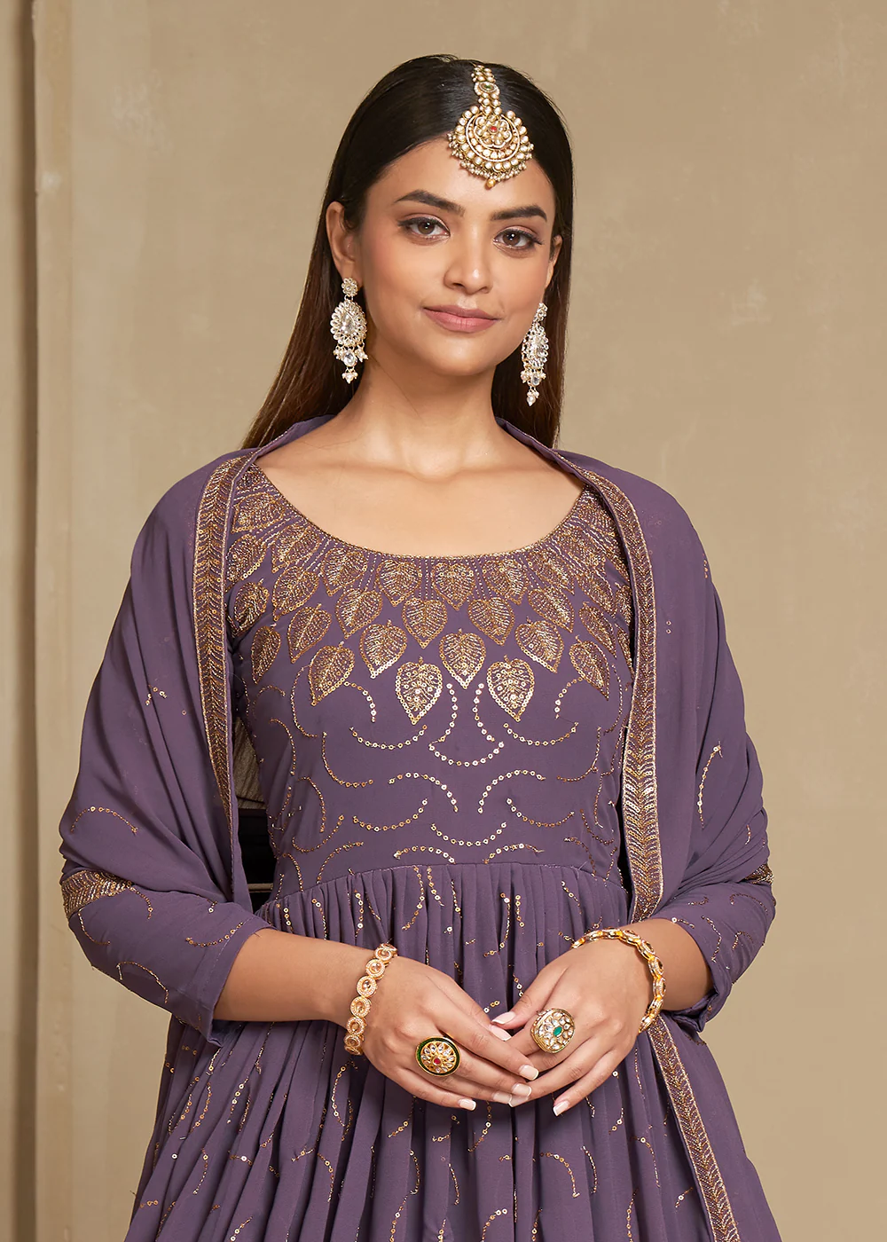Zari & Sequins Embroidered Lavender Anarkali Suit - Image 2