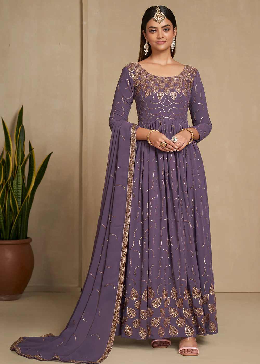 Zari & Sequins Embroidered Lavender Anarkali Suit - Image 3