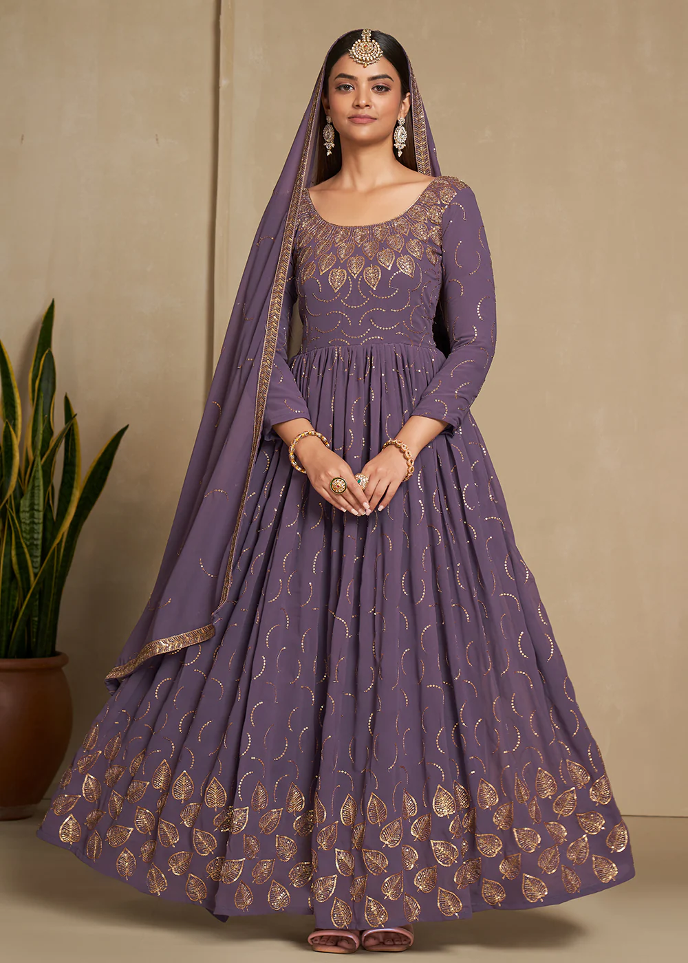 Zari & Sequins Embroidered Lavender Anarkali Suit - Image 4