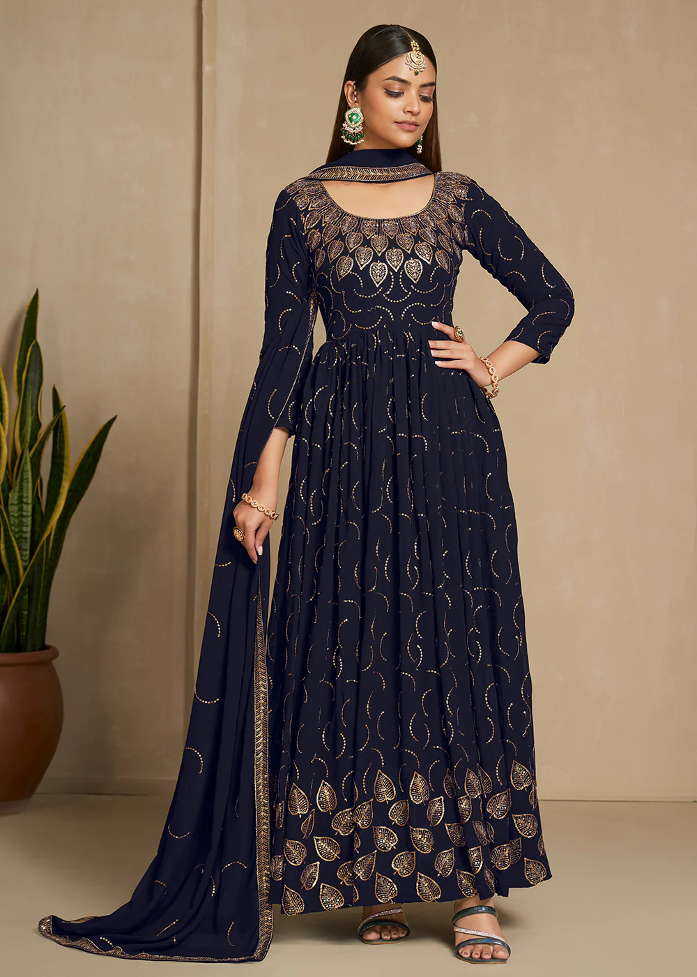 Zari & Sequins Embroidered Navy Blue Anarkali Suit