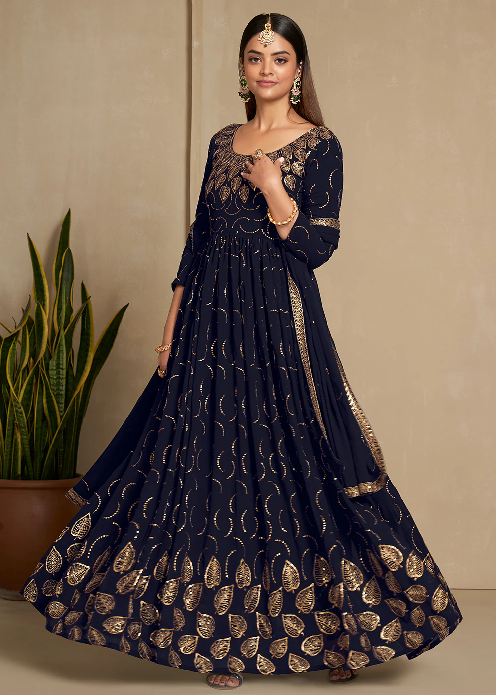 Zari & Sequins Embroidered Navy Blue Anarkali Suit - Image 3