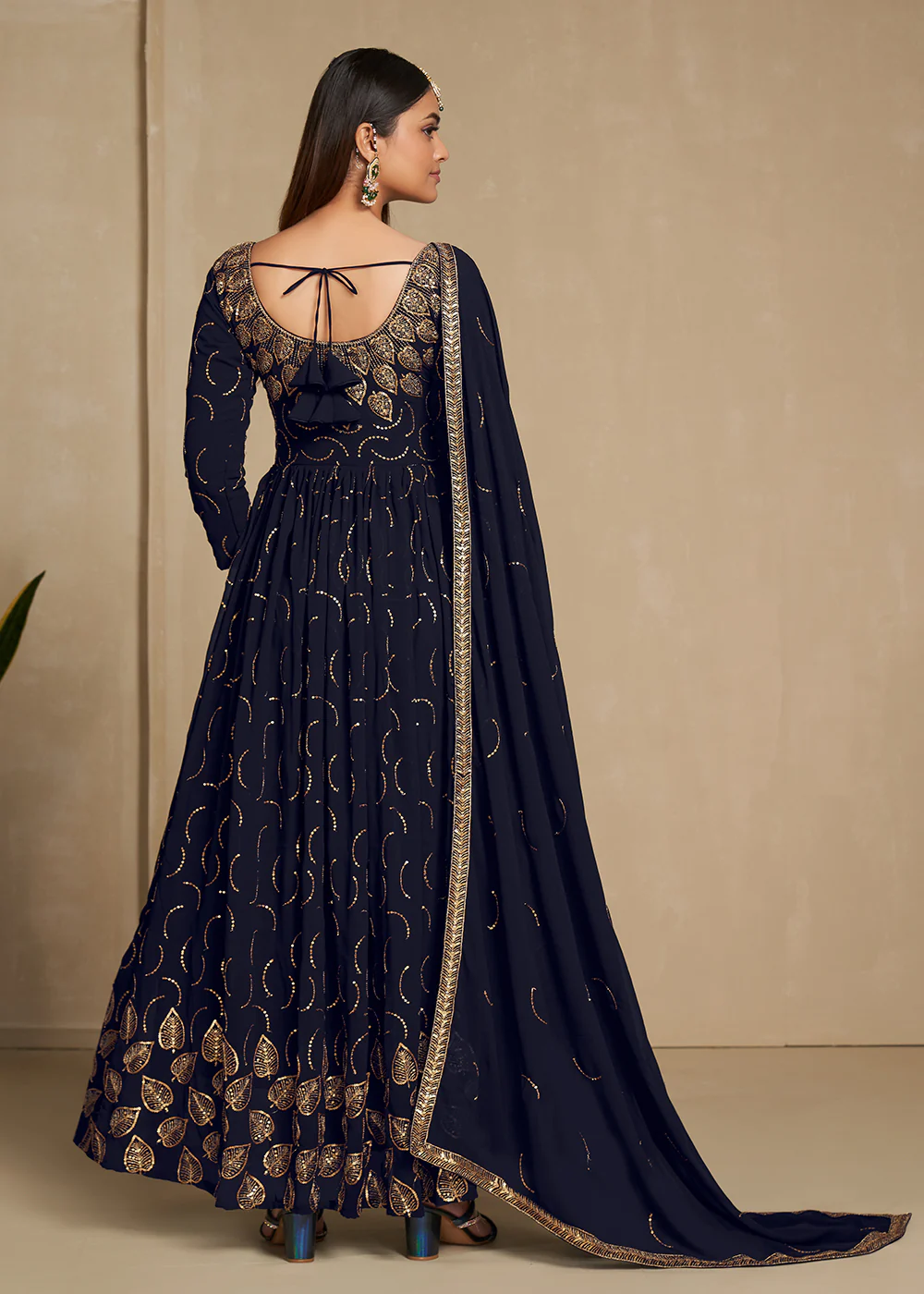 Zari & Sequins Embroidered Navy Blue Anarkali Suit - Image 4