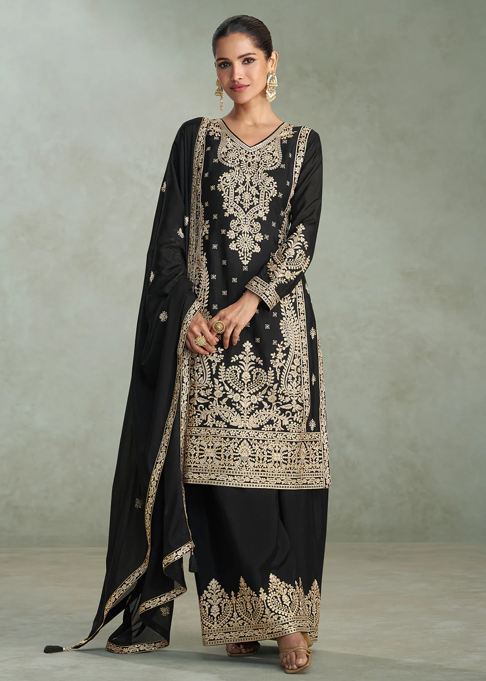 Zari Threads & Sequins Black Palazzo Style Suit