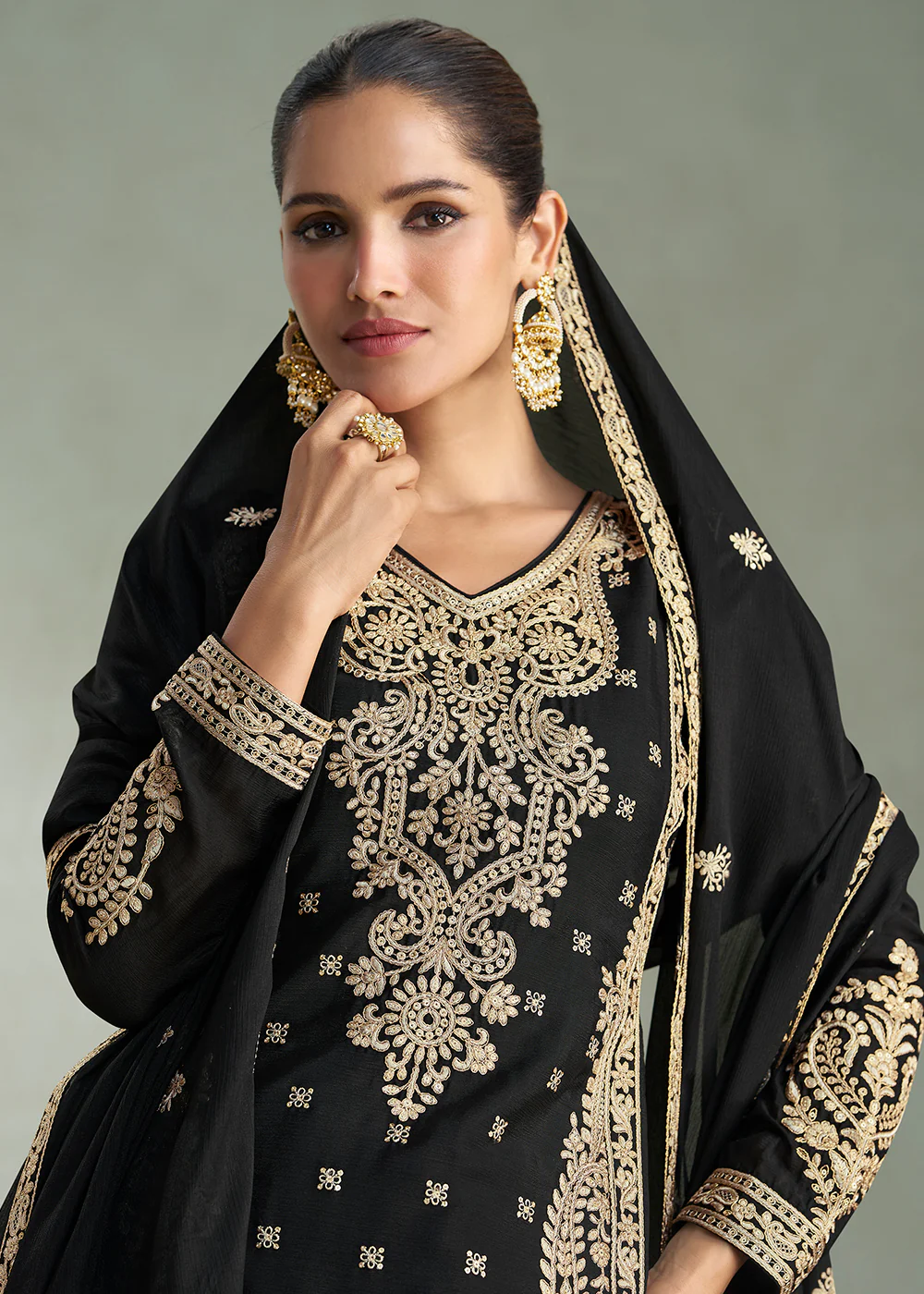 Zari Threads & Sequins Black Palazzo Style Suit - Image 2