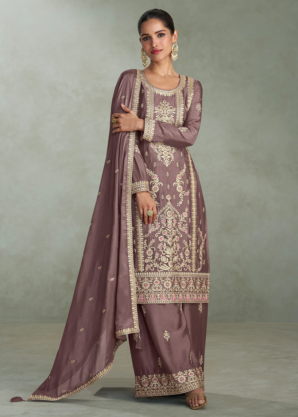 Zari Threads & Sequins Mauve Palazzo Style Suit