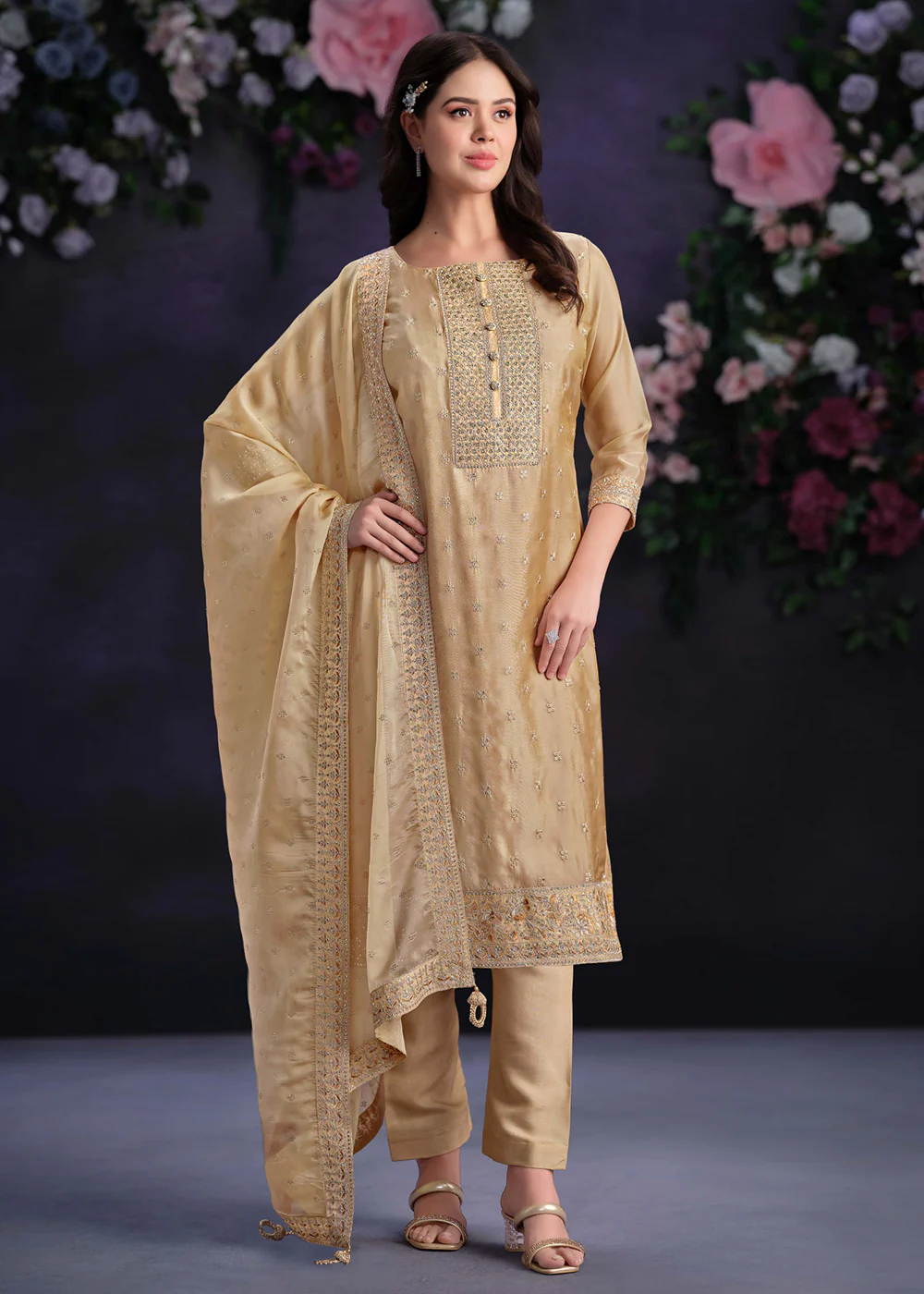 Zarkan Embroidered Beige Organza Pant Style Suit