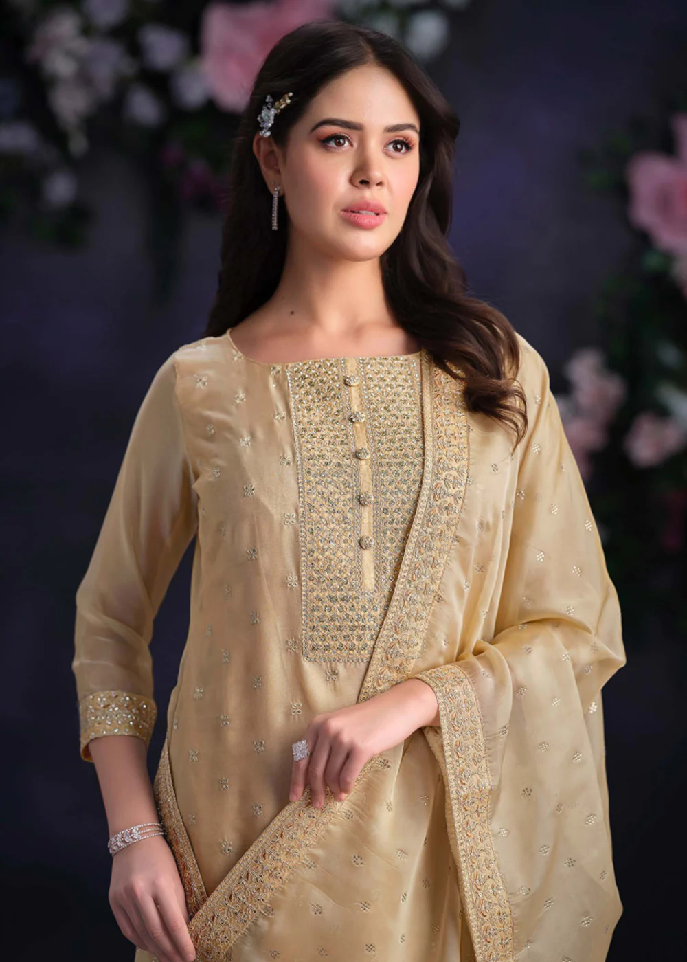 Zarkan Embroidered Beige Organza Pant Style Suit - Image 2