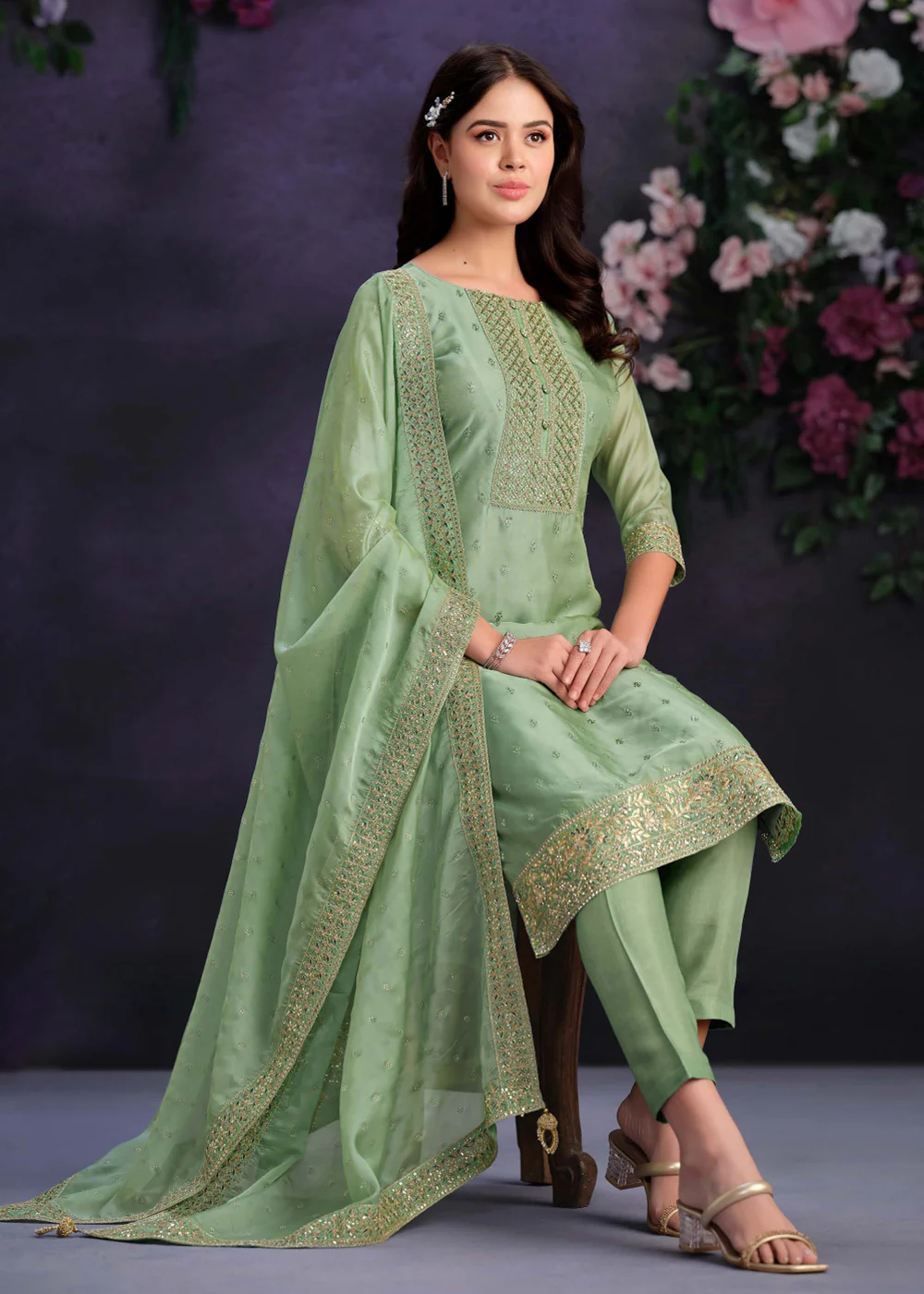 Zarkan Embroidered Green Organza Pant Style Suit - Image 2