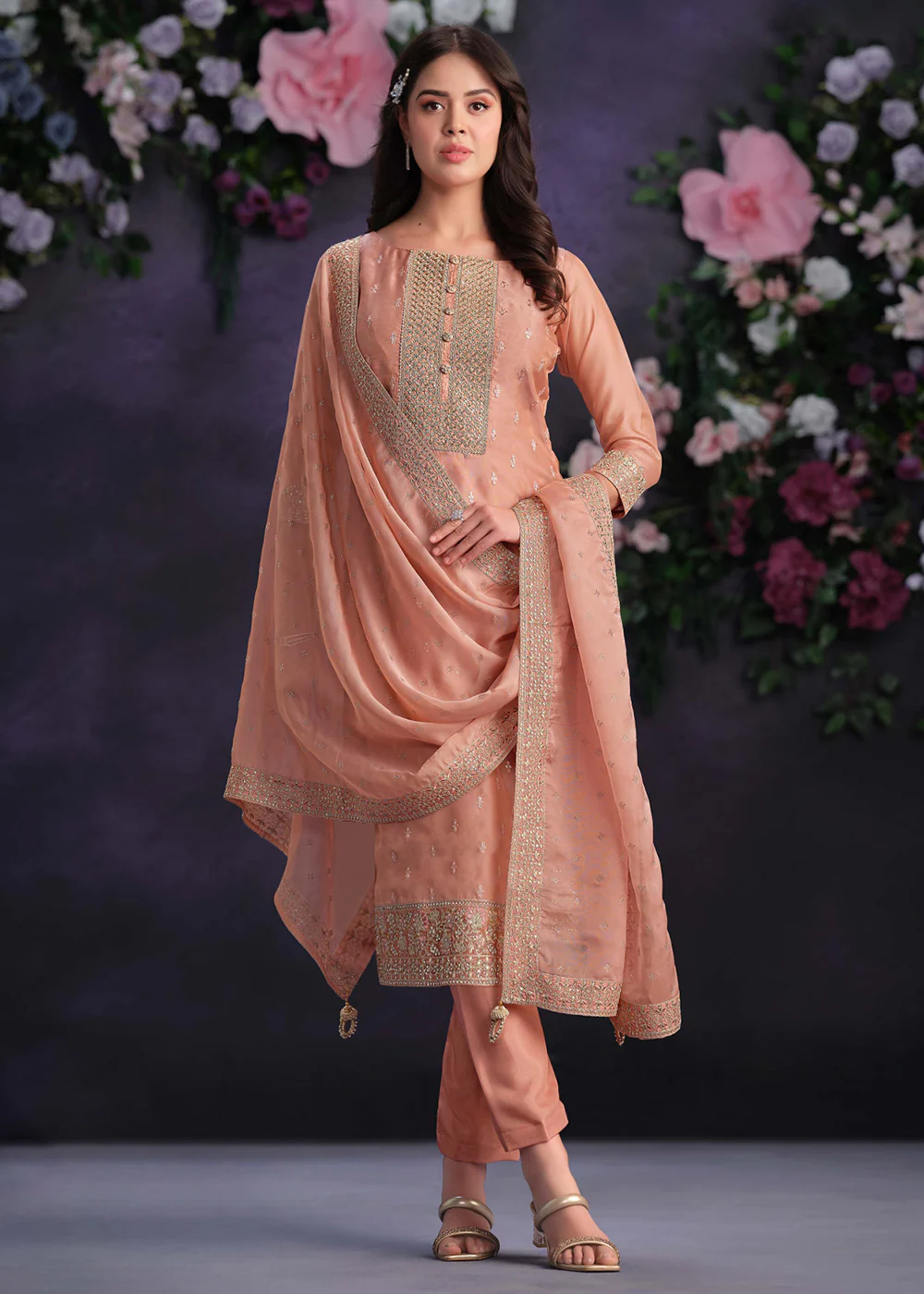 Zarkan Embroidered Peach Organza Pant Style Suit
