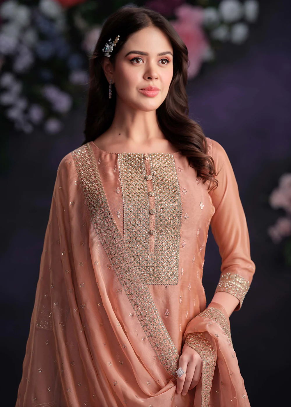Zarkan Embroidered Peach Organza Pant Style Suit - Image 2