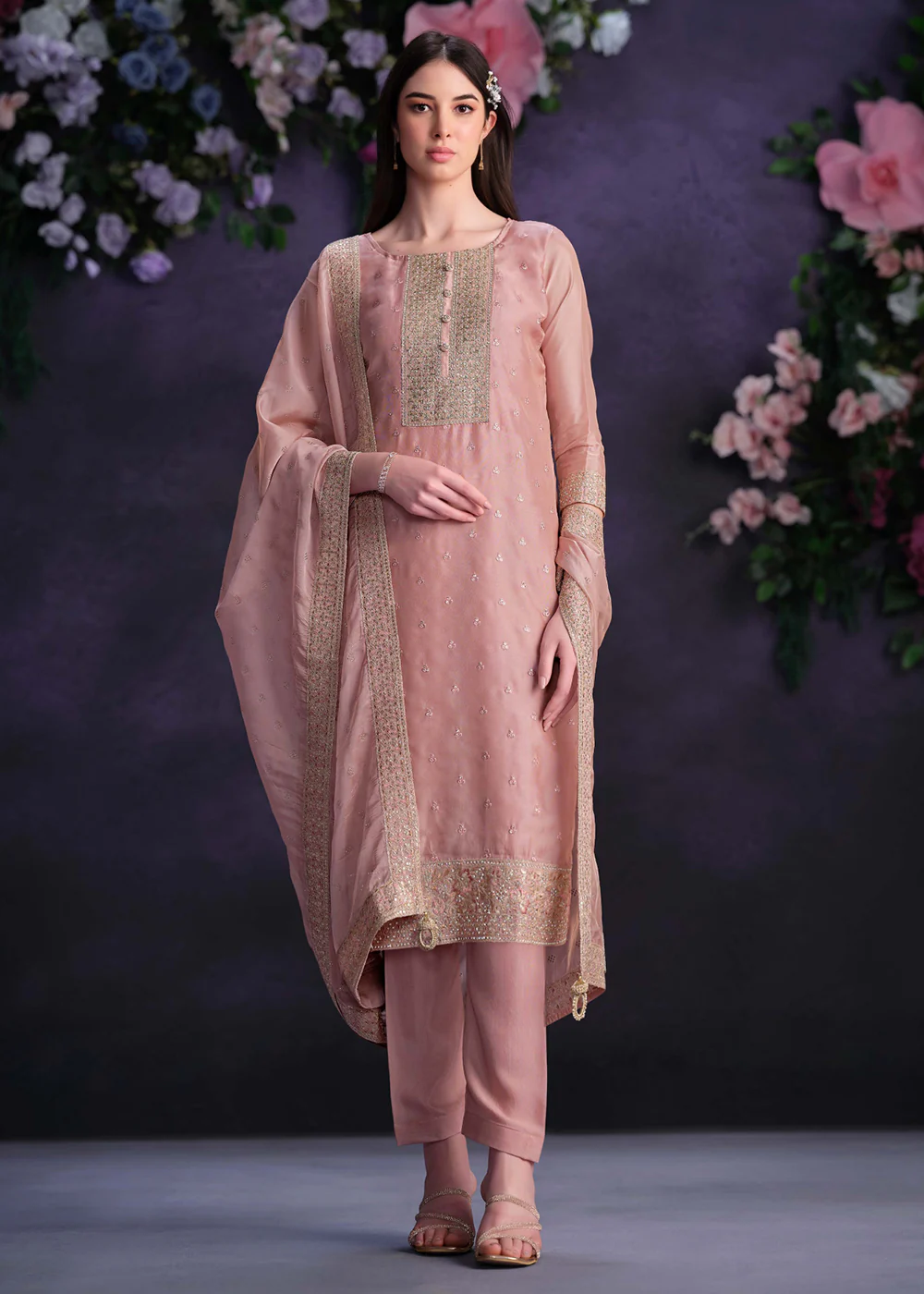Zarkan Embroidered Pink Organza Pant Style Suit
