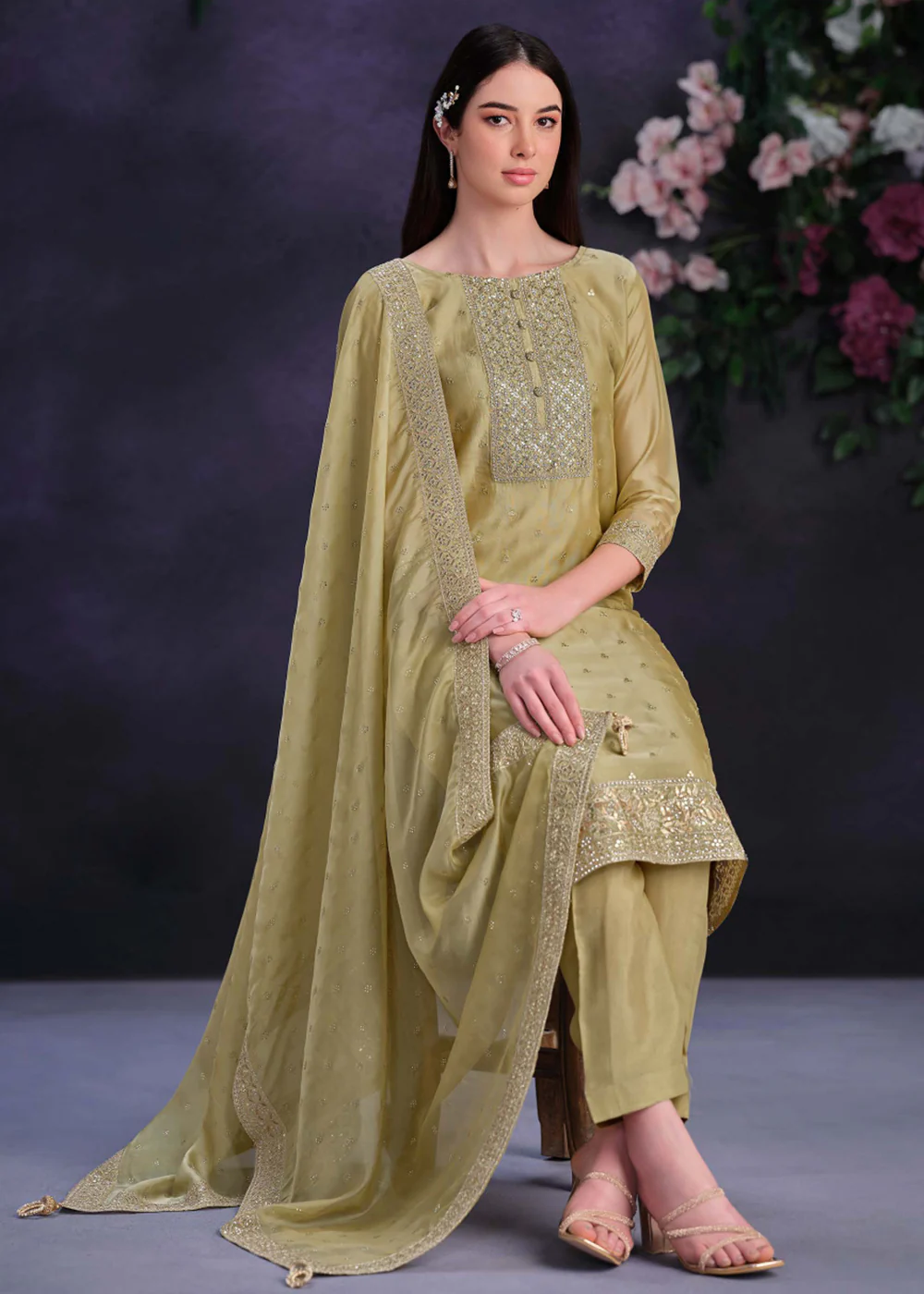 Zarkan Embroidered Yellow Organza Pant Style Suit - Image 2