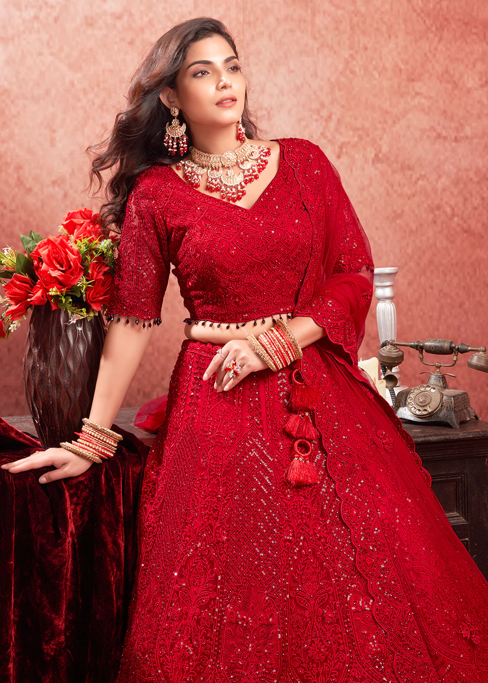 Zarkan Heavy Embroidered Red Bridal Lehenga Choli - Image 2