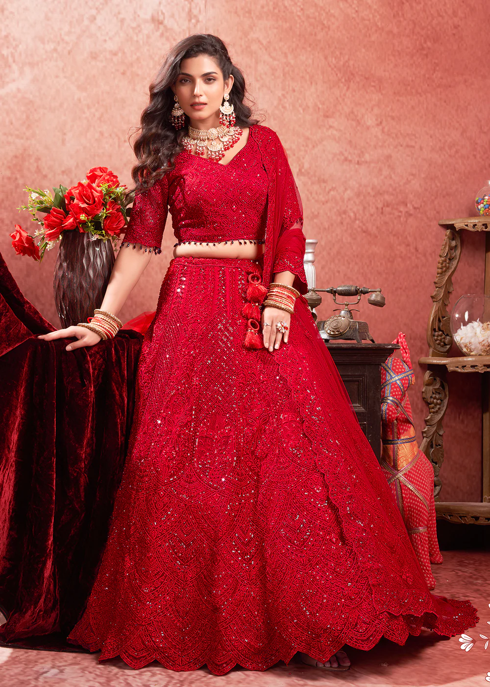 Zarkan Heavy Embroidered Red Bridal Lehenga Choli - Image 4