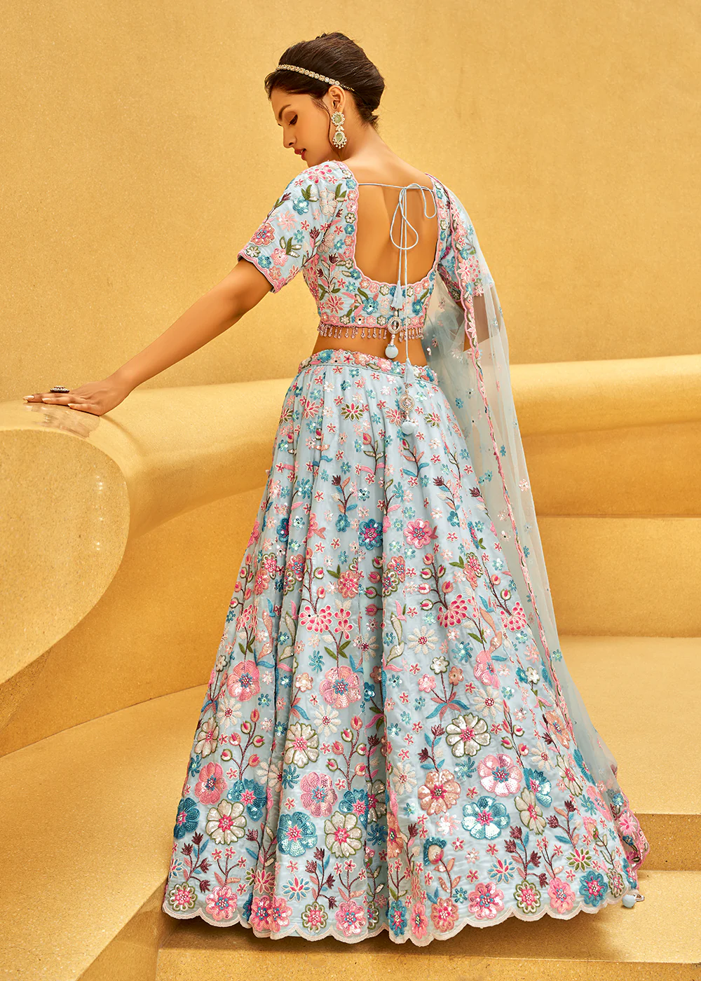Zarkan & Sequins Embroidered Turquoise Designer Lehenga Choli - Image 3